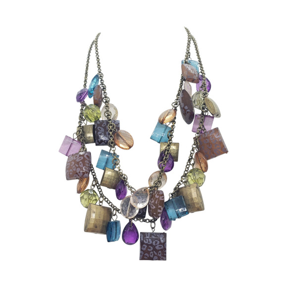 Vintage Multi-Strand Beaded Necklace Chunky Faceted Acrylic Resin Geometric Fun - Picture 7 of 7